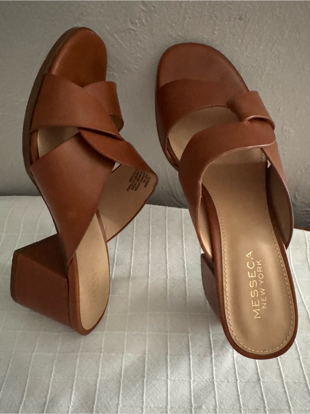 Messeca New York ‘Thunder’ Tan Leather Crossover Block Heel Mules-8-1/2